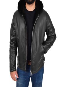 Men Black Leather Jacket With Fur Hoodie