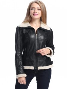 Women Black Bomber Shearling Jacket - Image 4