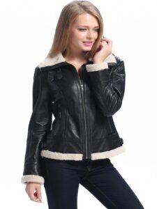 Women Black Bomber Shearling Jacket - Image 3