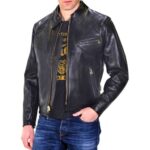 Men Shiny Black Leather Jacket - Mauve Tree
