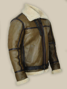 Army Greenish Brown Shearling Leather Jacket - Image 3