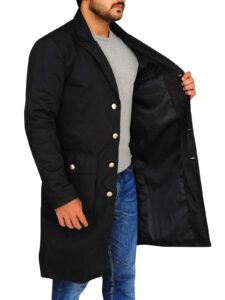 Men Black Cotton Long Coat - Image 6