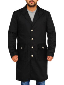 Men Black Cotton Long Coat - Image 3