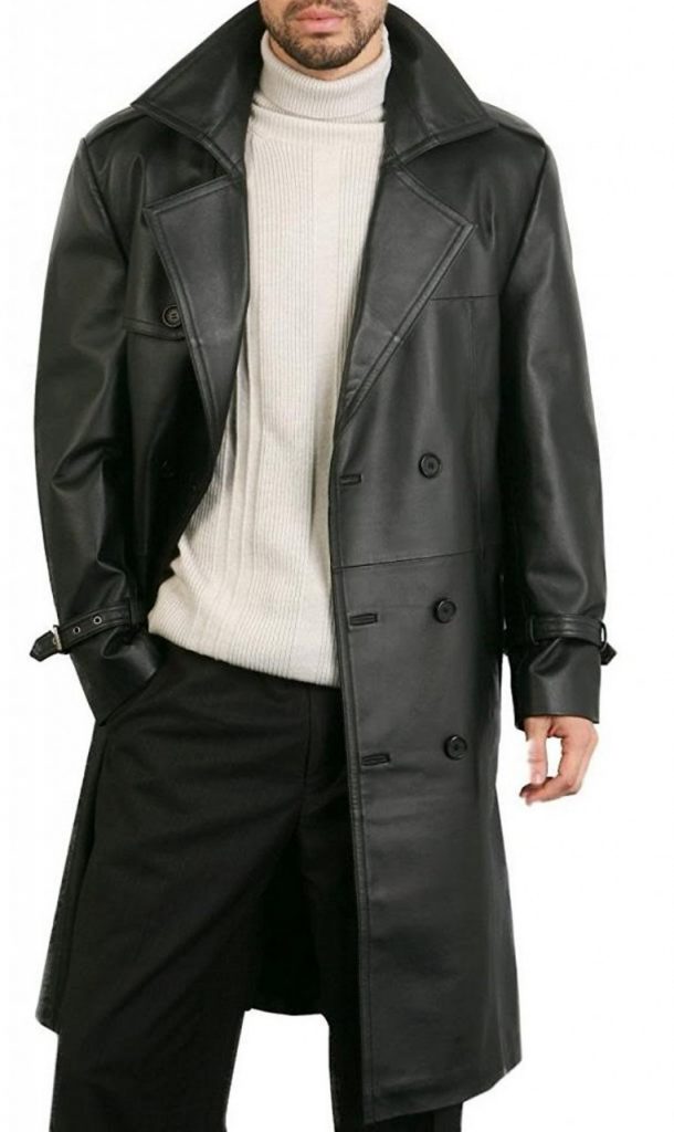 Augusta-Guys-Black-Biker-Style-Double-Breasted-Pure-Faux-Leather-Overcoat-610x1024-1.jpg Men Black Real Trench Leather Overcoat - Image 1