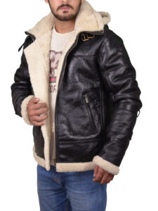 Men Black B3 Bomber Aviator Shearling Leather Jacket - Image 5