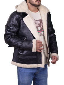 Men Black B3 Bomber Aviator Shearling Leather Jacket - Image 4