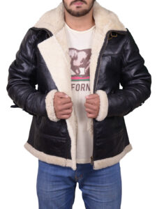 Men Black B3 Bomber Aviator Shearling Leather Jacket - Image 3