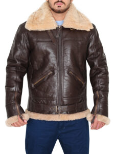 B3 Men Brown Shearling Bomber Leather Jacket - Mauve Tree - Image 2