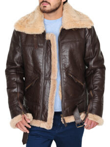 B3 Men Brown Shearling Bomber Leather Jacket - Mauve Tree