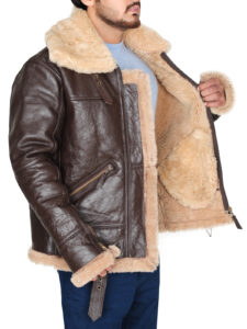 B3 Men Brown Shearling Bomber Leather Jacket - Mauve Tree - Image 4