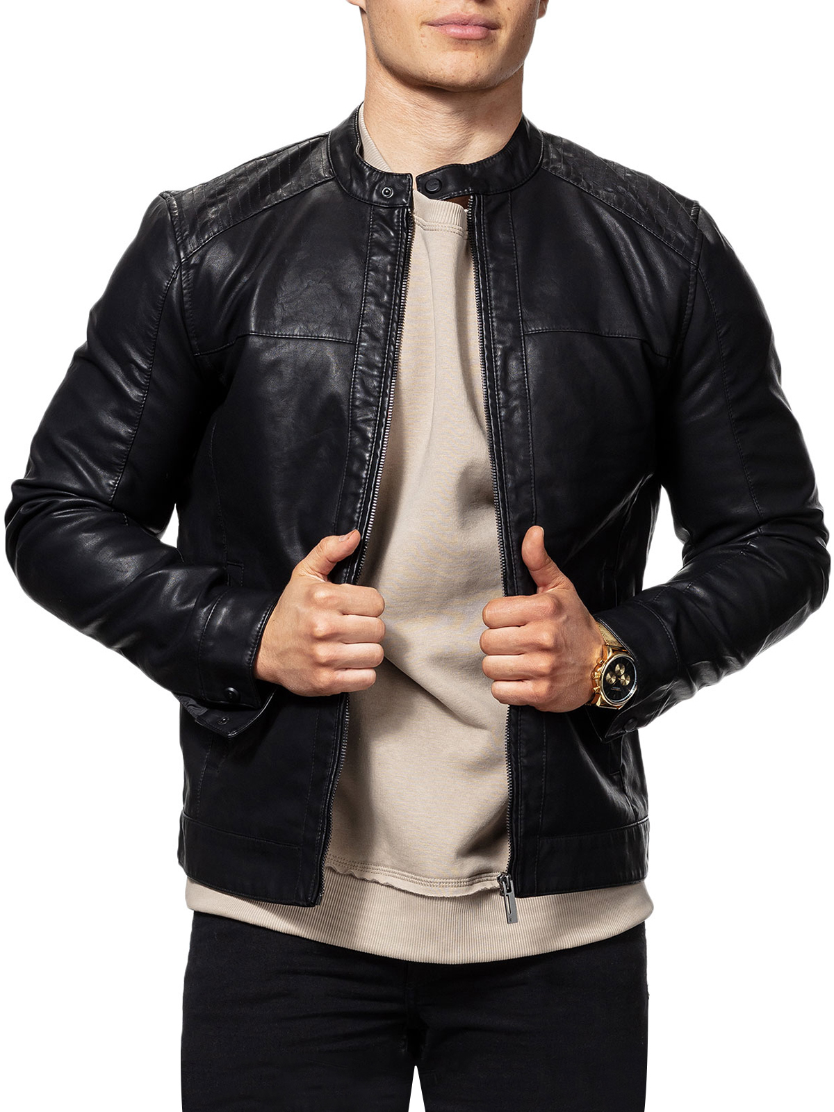 Black-MenE28099s-Bike-Racer-Leather-Jacket-Zoom.jpg black mens bike racer leather jacket - Image 1