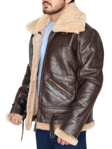 B3 Men Brown Shearling Bomber Leather Jacket - Mauve Tree - Image 3