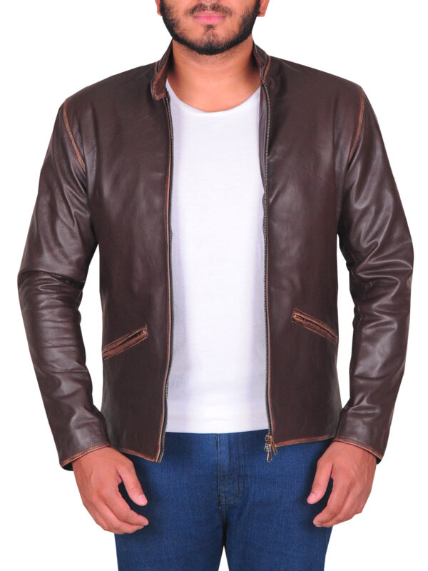 Brown Slim Fit Men Leather Jacket