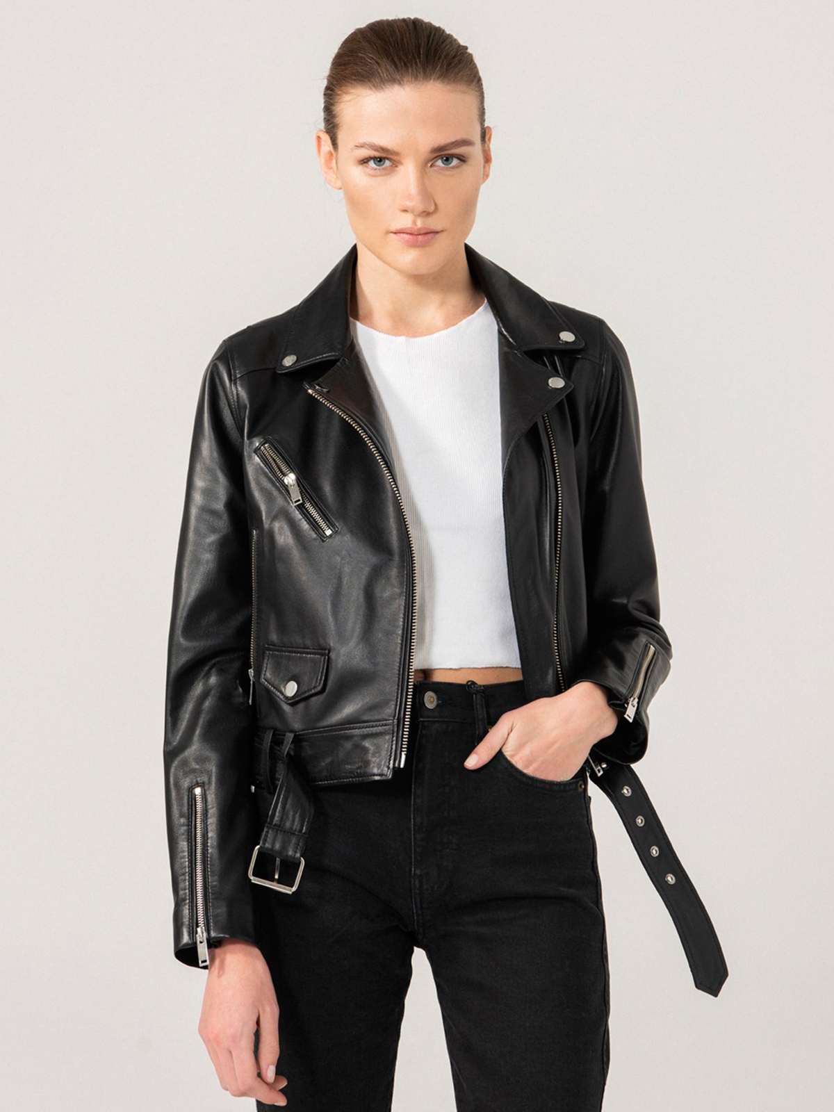Charming-Black-Lambskin-Leather-Jacket-1.jpg Charming Black Biker Lambskin Leather Jacket For Women - Image 1