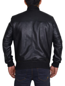 Trendy Rib Knitted Black Leather Jacket - Image 2