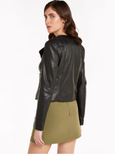 Crew Neck Womens Black Leather Jacket - Image 2