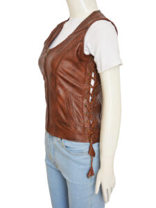 Women Brown Leather Vest - Image 5