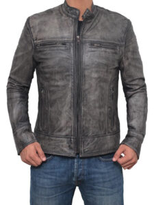 Distressed Dark Grey Casual Biker Slim Lamb Leather Jacket
