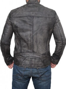 Distressed Dark Grey Casual Biker Slim Lamb Leather Jacket - Image 4