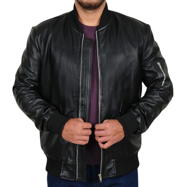 Rib Knitted Black Leather Jacket