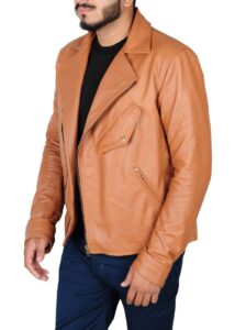 Men Tan Brown Leather Jacket - Image 5