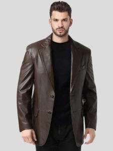Mens Single Breasted Brown Leather Blazer Coat - Mauve Tree - Image 2