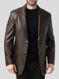 Mens Single Breasted Brown Leather Blazer Coat - Mauve Tree