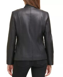 Women Simple Black Faux Leather Jacket With Stand Up Collar - Image 3