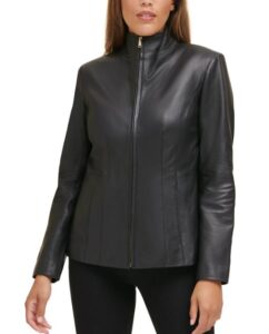 Women Simple Black Faux Leather Jacket With Stand Up Collar