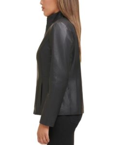 Women Simple Black Faux Leather Jacket With Stand Up Collar - Image 4