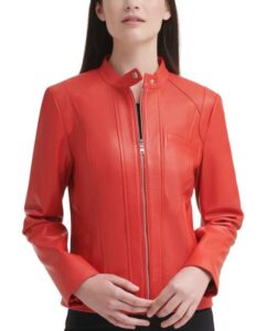 Red Moto Style Faux Leather Jacket For Women