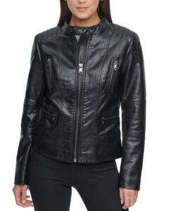 Black Motorcycle Style Faux Leather Jacket For Women