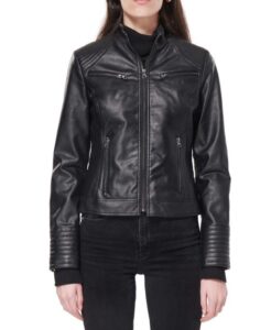 Black Biker Style Faux Leather Jacket For Women