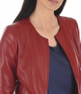 Women Maroon Real Leather Jacket With Collarless Style - Image 3