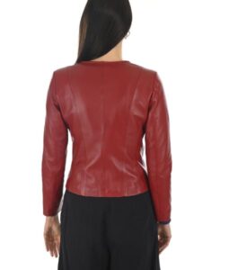 Women Maroon Real Leather Jacket With Collarless Style - Image 4