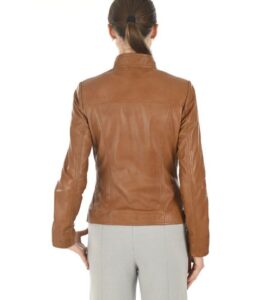 Women Tan Brown Slim Fit Leather Jacket - Image 3