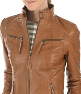 Women Tan Brown Slim Fit Leather Jacket - Image 4