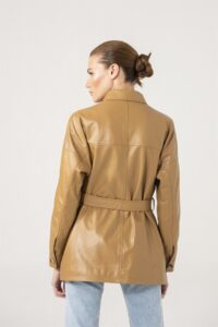Women Belted Style Real Leather Coat In Tan Colour - Image 4