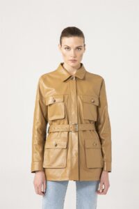Women Belted Style Real Leather Coat In Tan Colour - Image 2