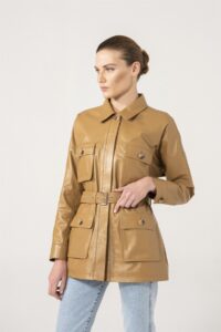 Women Belted Style Real Leather Coat In Tan Colour