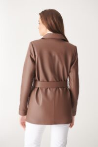 Women Brown Belted Style Real Leather Coat - Image 4