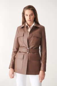 Women Brown Belted Style Real Leather Coat