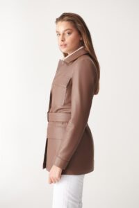 Women Brown Belted Style Real Leather Coat - Image 3