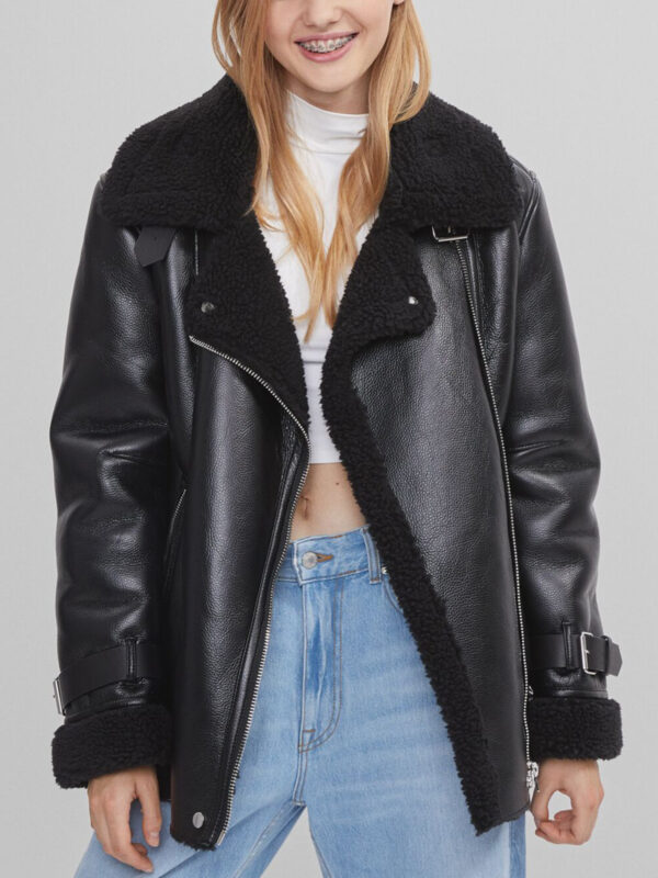 Black Faux Shearling leather Coat for Women - Mauve Tree