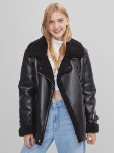 Black Faux Shearling leather Coat for Women - Mauve Tree - Image 2