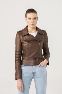 Elegant Brown Biker Leather Jacket For Women - Mauve Tree - Image 2