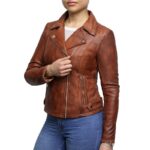 Lambskin Leather Women Slim Fit Brown Biker Jacket - Mauve Tree - Image 2