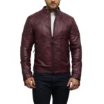 mens stylish burgundy leather biker jacket - Image 3