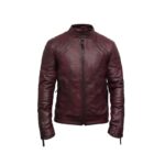 mens stylish burgundy leather biker jacket - Image 2