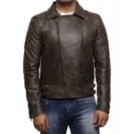 mens detailed stiched brown leather biker jacket - Image 3
